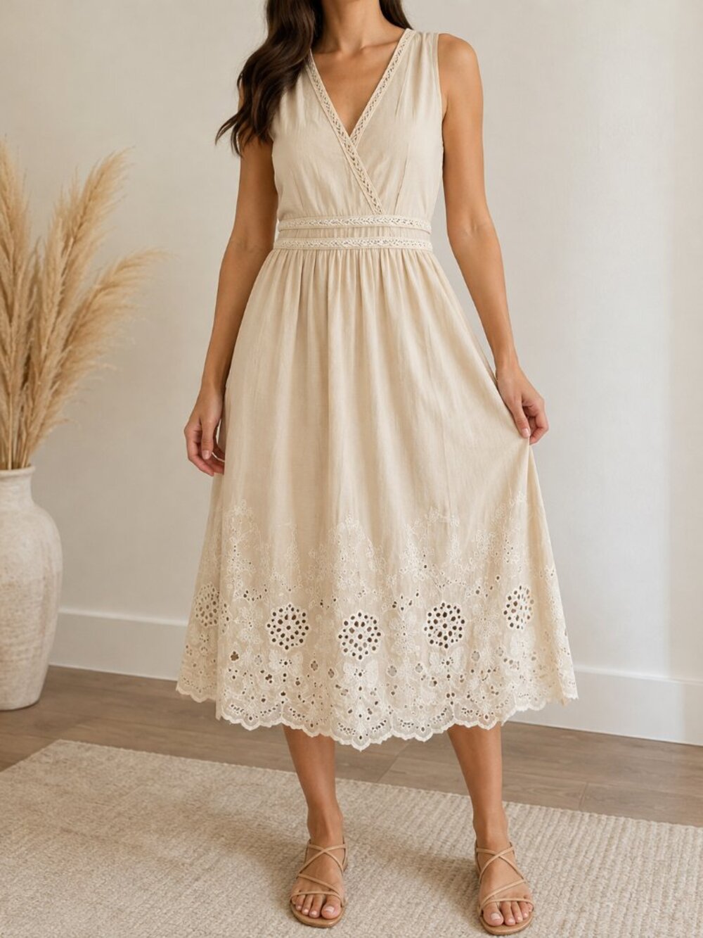 NWOT Max Studio Ivory Embroidered Eyelet Boho Dress Size 6